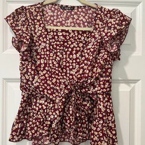 NWOT SHEIN Deep Red Floral Flutter Sleeve Wrap Crop Top Mini Skirt Combo
